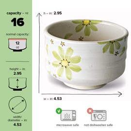 aprikalife - Traditional Japanese Matcha Tea Bowl, Handcrafted Ceramic, Tea Ceremony Cup, White Glaze with Green Flowers