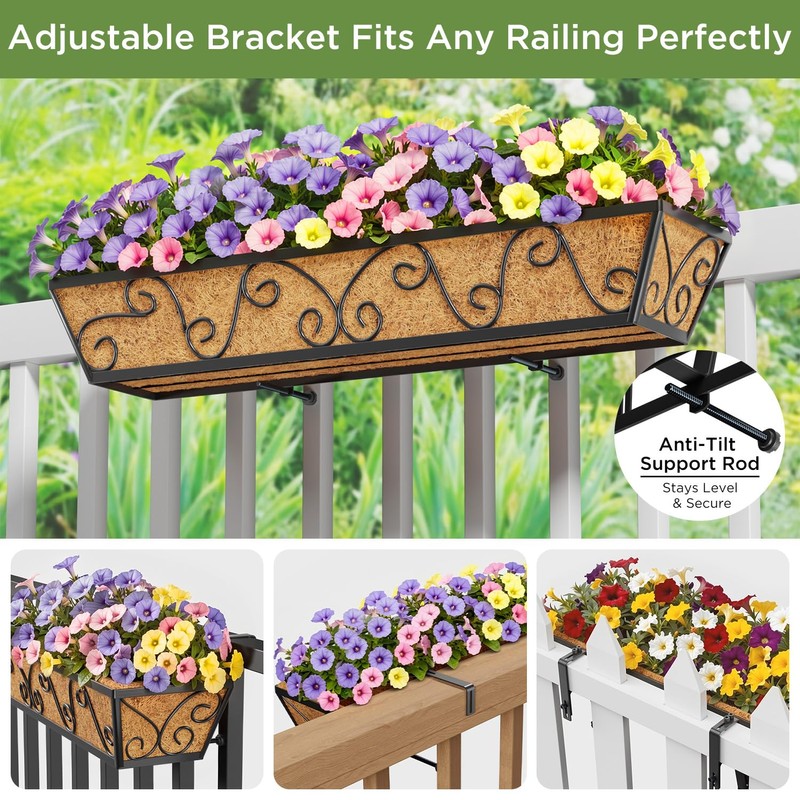 Y&M 30x7 Inch Black Outdoor Rectangular Window Box Planter -