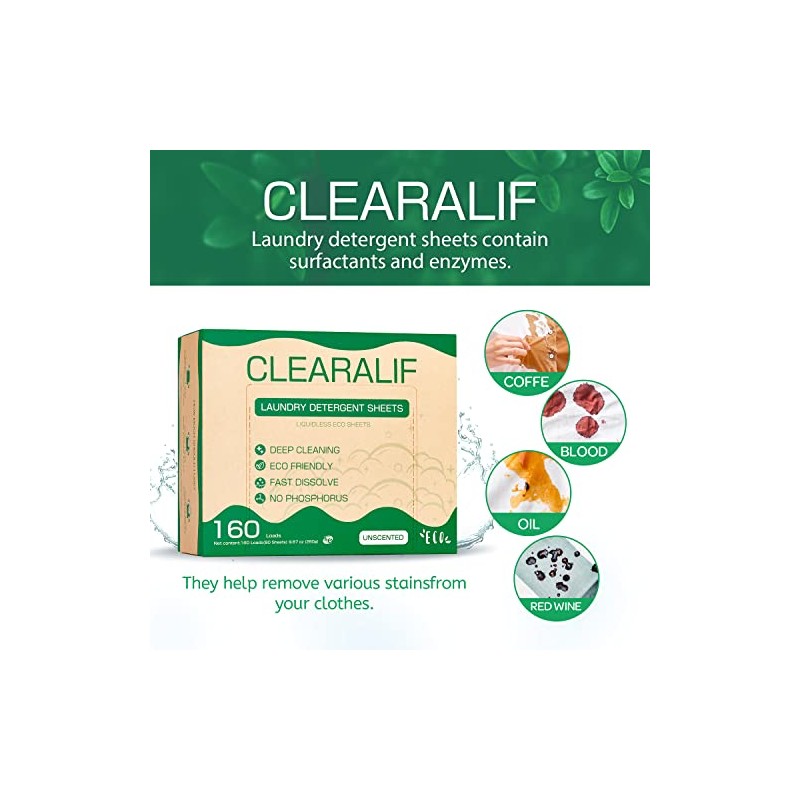 CLEARALIF Laundry Detergent Sheets up to 160 Loads (80sheets), Unscented,
