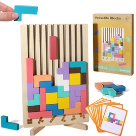 CLIUNT Wood Stacking Puzzle Toy, 3D Montessori Wooden Stacking Puzzles Toy, Intelligence Colorful 3D Blocks, Wooden Puzzle Board Geometric Building toys with 10 Cards Stress Relief Toys