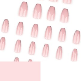 24Pcs Press on Nails Medium Coffin Square French Tip Simple with Nude Glitter Design Fake Nails Full Cover Glossy Acrylic Glue on Nails Short Stick on Nails False Nails for Women JP3297