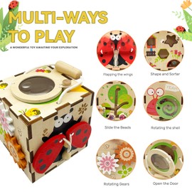 YODIFFMI Wooden Activity Cube Montessori Toys for 3 Year Old Baby Toys Toddlers Birthday Gift Boys Girls Sensory Interactive Learning Toys (Ladybugs)