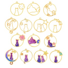 Airssory 14 Pcs 7-Shapes Flat Round with Cat Shape Blank Frame Charms Golden Plated Metal Alloy Open Back Bezel Hollow Mould Pendants for Epoxy Resin Jewelry DIY