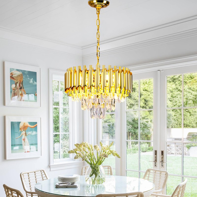 FRIXCHUR 16-Inch Modern Gold Crystal Chandelier, Ceiling Light Fixture, Adjustable