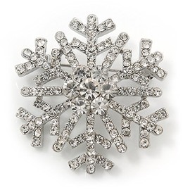 Clear Crystal 'Snowflake' Brooch In Silver Plating - 4cm Diameter