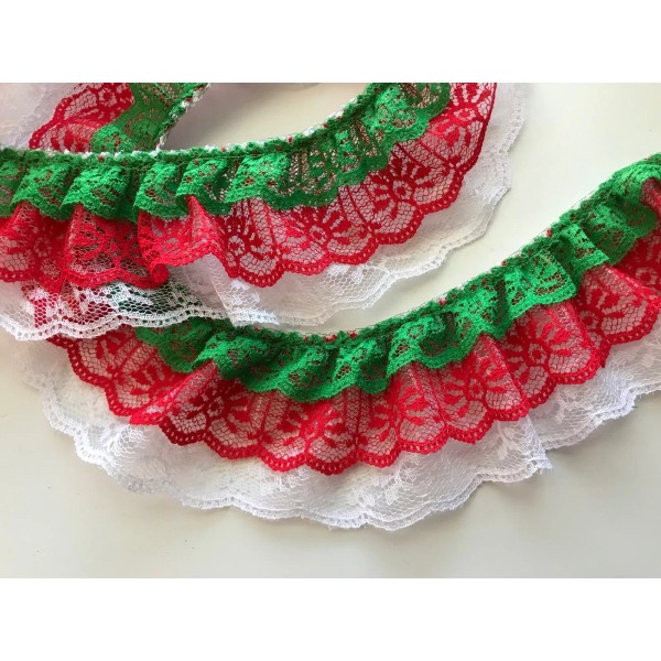 Unbranded Emerald Green Red and White Triple Ruffled Lace Trim,
