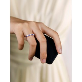 925 Sterling Silver Blue Sapphire and White Birthstone Ring for Women 7 Stone Moissanite Eternity Wedding Band Size 7