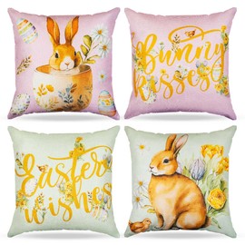 Prims & Flourish Easter Pillow Covers 18x18 Set of 4, Throw Pillow Covers, 4-Pack, 4 Bunny and Floral Designs, Vintage Easter Charm, Pink, Green