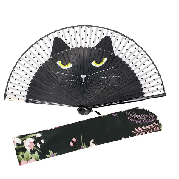 1SourceTek Silk Hand Held Folding Fans 8 inches (21cm) Women Hand Held Folding Fans With a Fabric Sleeve Protection - Japanese Cartoon Style (Black Cat)