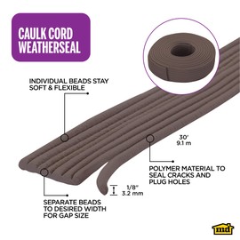 M-D Building Products Replaceable Caulk Cord Weatherseal: Quick and Effective Solution for Sealing Small Gaps, Cracks, and Protecting Against Drafts and Moisture (71510) (Brown) (30 ft)