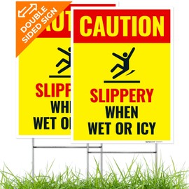 Caution Slippery When Wet or ICY Sign, (SI-84404) (2 Pack) Double Sided 9x12 Inches, Corrugated Plastic with Metal H Stake, Made in USA by Sigo Signs