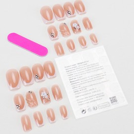 Hkanlre French Fake Nails Tips White Press on Nails Full Cover Medium False Nails Shiny Square Flower Nails for Women 24PCS