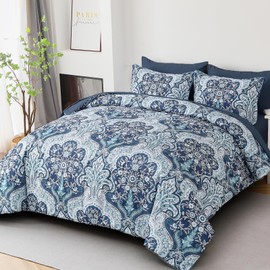 Drucon Paisley Comforter Set King Size, 7 Pieces Bed in a Bag Blue Boho Comforter, Soft Lightweight Microfiber Bedding Set (1 Comforter, 1 Flat Sheet, 1 Fitted Sheet, 2 Pillow Shams, 2 Pillowcases)