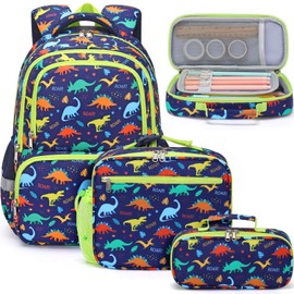 Fimibuke Backpack for Boys - 3PCS Waterproof Kids Backpack for School Toddler School Bag Cute Bookbag Set with Lunch Box & Pencil Case for Preschool Kindergarten Elementary Student Ages 3-12, Dinosaur