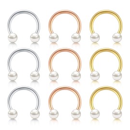VF VFUN 16 Gauge Horseshoe w Pearl Stainless Steel Nose Lip Eyebrow Rings Rook Cartilage Earrings Hoop Septum Piercing Fake Nose Ring 9PCS