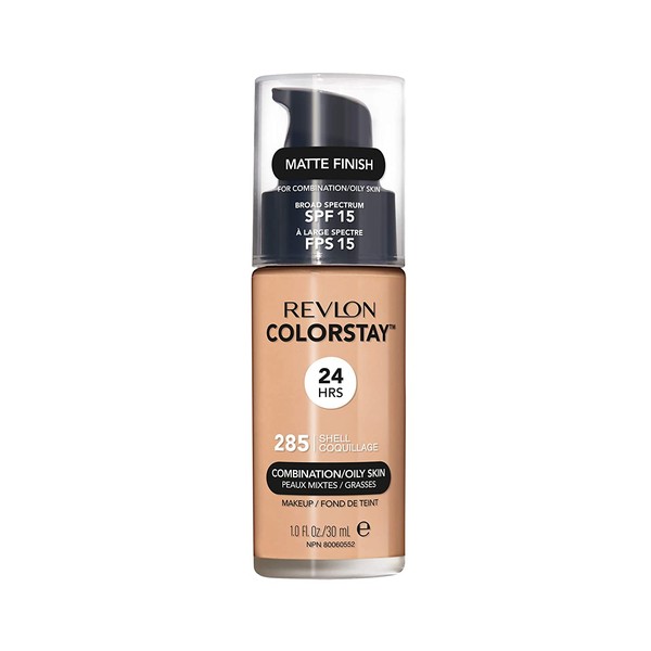 Revlon ColorStay Liquid Foundation Makeup for Combination/Oily Skin SPF 15, Longwear Medium-Full Coverage with Matte Finish, Shell (285), 1.0 oz