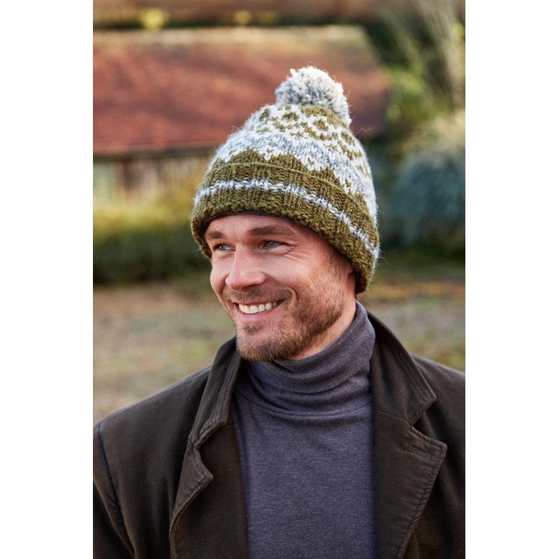 Pachamama Men Wool Beanie Bobble Hat Fleece Lined Handknitted Contemporary