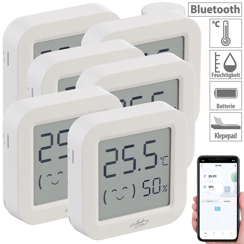 infactory Luftfeuchtigkeitsmesser: 6er-Set Mini-Thermo-/Hygrometer, Komfort-Anzeige, LCD, Bluetooth, App (Innenraum Thermometer,