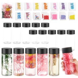 16 Pcs Empty Sensory Bottles Kits, 300 ml/10OZ Clear Plastic Juice Bottles with Lids and Sequins Accessories Reusable Plastic Bottles for Sensory Crafts Juice, Milk, Beverages Calm Down Corner
