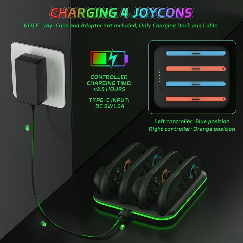 JDDWIN Switch 2 Controller Charging Dock, 4-in-1 Fast Charging Dock