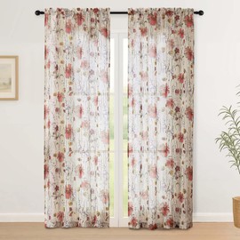 Simplebrand Floral Sheer Curtains 220 cm Length for Living Room 2 Panels Set, Soft Airy Printed Design Textured Light Filtering Drapes, Semi Sheer Farmhouse Curtains for Bedroom, Each 130Wx220L cm
