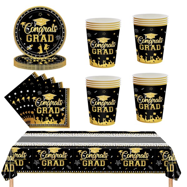 53Pcs Black Gold Graduation Tableware Kit for 16 Guest,2024 Graduate
