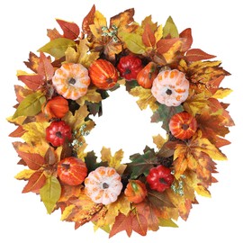 Fall Wreath for Front Door, HOGARDECK 24" Fall Wreath with Pumpkins, Berries & Artificial Maple Leaves for Fall Decor, Autumn Wreath Fall Decorations for Home, Outside, Porch, Wall, Thanksgiving