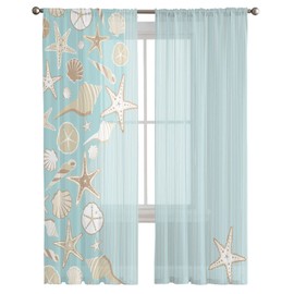 Sheer Curtains 63 Inches Long, Happy Summer Ocean Themed Coastal Beach Starfish Scallop Sheer Curtains, Sheer Voile Window Curtains for Bedroom Living Room, Rod Pocket Curtains&Drapes 52Wx63L 2 Panels