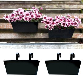 LaLaGreen Planter Box Outdoor (2 Pack, 12 Inch) Black Metal Rectangle Hanging Flower Pots, Balcony Deck Railing Fence Trendy Kitchen Strawberry Window Boxes Wall Planters for Fake Plant Holder Decor