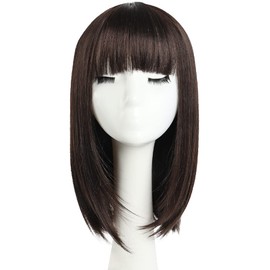 Brown Bob Wigs,Short Bob Hair Wigs 14" Straight with Flat Bangs Synthetic Colorful Cosplay Daily Party Wig for Women Natural (Free Wig Cap)