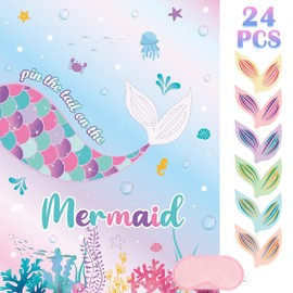 WERNNSAI Pin The Tail on The Mermaid Game - 21'' x 28'' Mermaid Party Decoration 24Pcs Reusable Tails Sticker Party Supplies Birthday Party Favor Sets