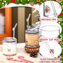 Patelai 2 Pcs Christmas Candy Cane Icon Glasses Cups with Lids and Straws 15oz Reusable Drinking Iced Coffee Glass Cups Cute Xmas Tumbler Gifts for Christmas Adults Women Men Holiday Stocking Stuffer