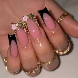 Long Press on Nails Square Black French Tip Fake Nails with 3D Flower Rhinestones Designs Stick on Nail for Women 24 Pcs (P-34, M-21)