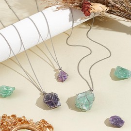 UNICRAFTALE 6 Pieces 3 Sizes Adjustable Crystal Necklace Holder Empty Stone Holder Net Necklace Pendant with Empty Crystal Cage Macrame Bag Made of Brass for Making