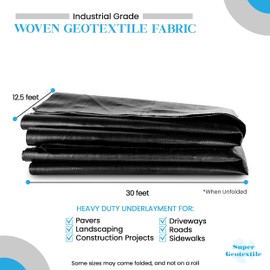 Super Geotextile Woven Geotextile Fabric for Driveway and Road Stabilization, Construction Underlayment, Erosion Control, Commercial Grade 50 Year for Gravel Roads and Pavers (12.5x30) Ships Folded