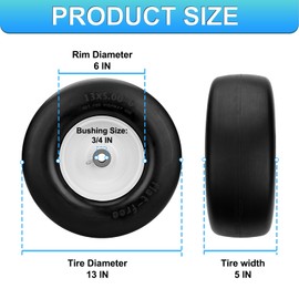 【UPGRADED】13x5.00-6 Flat Free Lawn Mower Tire and Wheel, 13x5.00-6 Zero Turn Mower Front Solid Tire With 3/4" & 5/8" Grease Bushing and 3.25"-5.9" Adjustable Centered Hub by Cenipar