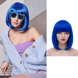 Hanaoops Perücke Damen Kurze Bob Perücke mit Pony 30cm Natürliche Gerade Perücken Bunte Synthetisches Haar Perücken Faschi Ngsperücken für Karneval Cosplay Motto Party Täglich Gebrauch (Blau)