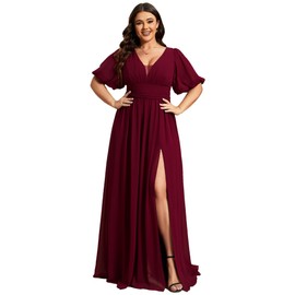 Ever-Pretty Plus Womens V-Neck Puffy Sleeves Empire Waist Ruched Bust A-Line Slit Maxi Plus Size Formal Dress Burgundy US18