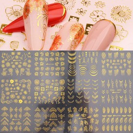 12 Sheets Gold Flower Nail Stickers, 3D Metallic Nail Art Stickers Self Adhesive Nail Decals Golden Flowers Leaves Lines Nail Art Supplies Floral Nail Stickers for Women Girls Kids (Gold)