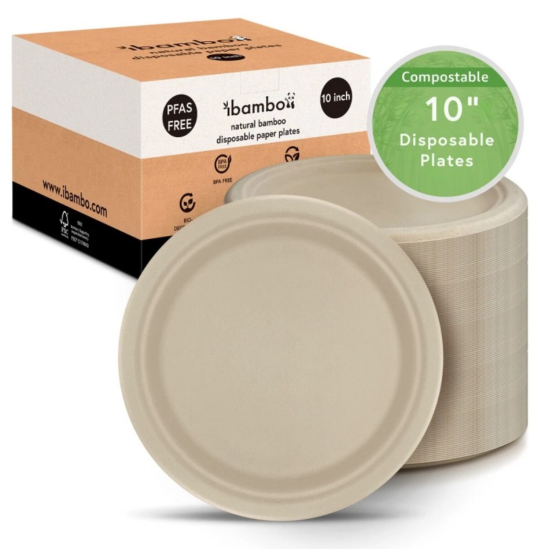 Ibambo Bamboo Disposable Paper Plates - Compostable Plate, PFAS Free