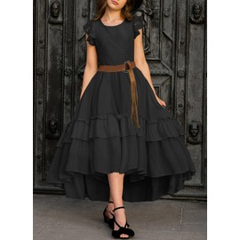 HOSIKA Girls Black Dresses Flutter Sleeve High Waist A-line Long Funeral Dress for 6-13 Years
