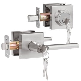 HOSOM Entrance Door Lock Set with Single Cylinder Deadbolts, Satin Nickel Heavy Duty Modern Sleek Square Door Handle with Lock & Keys on Both Sides, Keyed Alike