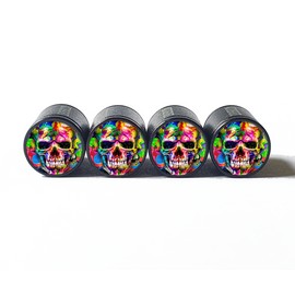 AutoValveCaps Colorful Skull Face Tire Valve Stem Caps - Black Aluminum - Set of Four