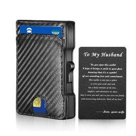 hooppoo Slim Wallet for Men with Carbon Fiber Leather RFID Blocking - Minimalist Pop Up Metal Money Clip Card Holder for Credit & Cash (To my Husband)