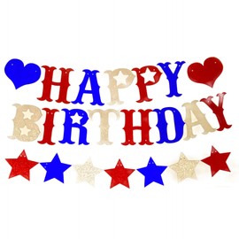 Red Blue White Happy Birthday Banner, Glittery American Stars, Hanging Banner for 4th of July Memorial Day Party Decoration