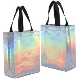 SOFPLATE 12Pcs 10 x 7.8 x 4 inch Iridescent Small Gift Bags Bulk Non-woven Tote Bag with Handles Sturdy Bases Waterproof Reusable Party Gift Wrap for Birthday Weddings Party Holiday Shopping Present