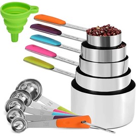 11Pcs Stainless Steel Measuring Cups and Spoons Set, Stackable Metal Measure Cup, Widely Used Kitchen Dry Food, Cooking Baking Measurements (Kitchen Funnel+5Cups+5Spoons)
