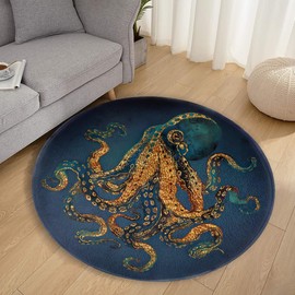 LUCKYLEI Gold Blue Octopus Vintage Plush Bathroom Decor Rug - Indoor Outdoor Floor Mat - Decorative Bathroom Rug 23.5 Inches Diameter