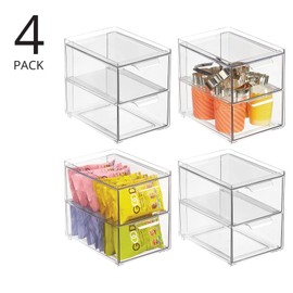mDesign Stackable Storage Containers Box with 2 Pull-Out Drawers - Stacking Plastic Drawer Bins for Kitchen Pantry and Cupboard, Cabinet, Counter, Island and Tables - Lumiere Collection, 4 Pack, Clear