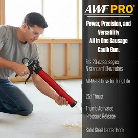 AWF PRO Sausage Caulking Gun, 20 oz Foil Pack and 10 oz Cartridge Convertible, 25:1 Thrust Ratio, Aluminum Barrel, Includes 3 Tips